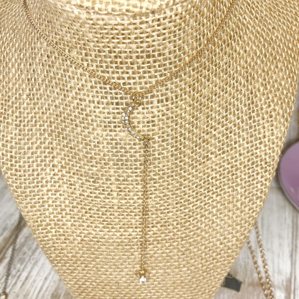PAVE GOLD DIAMOND MOON DROP STATEMENT NECKLACE - Picture 1 of 1